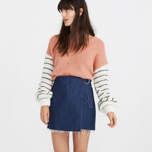 MADEWELL Denim Raw-Hem Mini Wrap Skirt/ Size 4/ MSRP $88/ A-Line Adjustable Belt - Picture 2 of 11